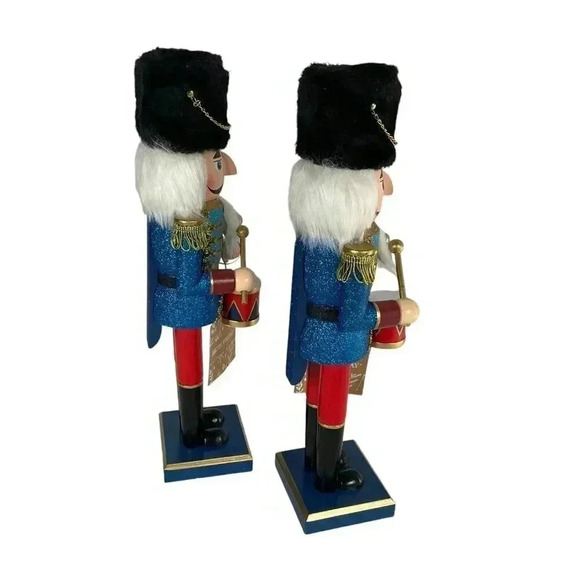 Wood Christmas Nutcracker Set Drummer Soldier Fur Hat Red Blue Holiday Decor - Picture 6 of 7